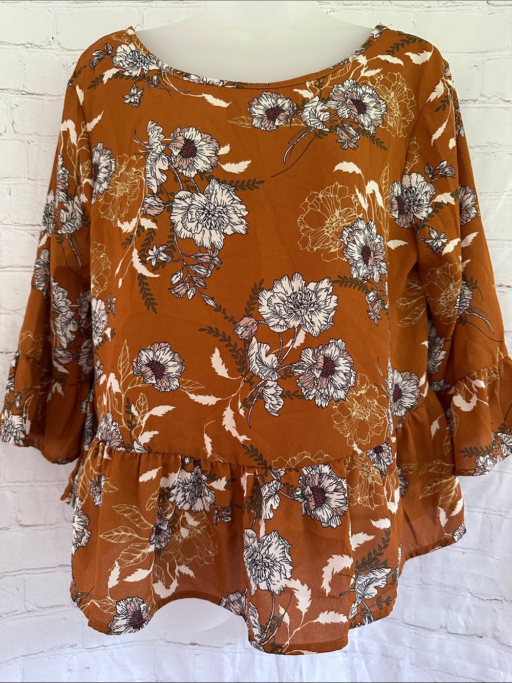 One Clothing Los Angeles Rust Floral Peplum Blouse - Women Tops size L